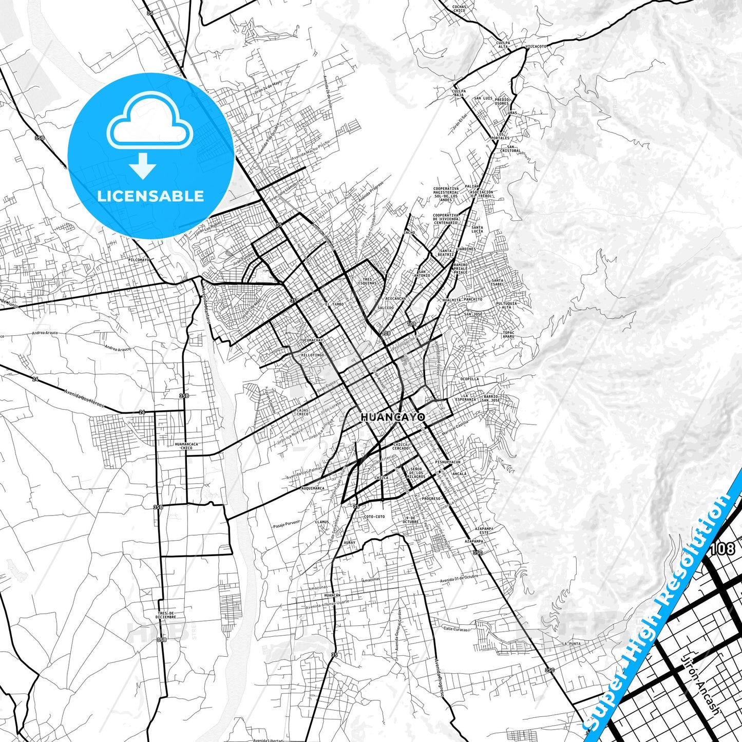 Huancayo, Peru Light Map with Street Names, City Names, and Districts