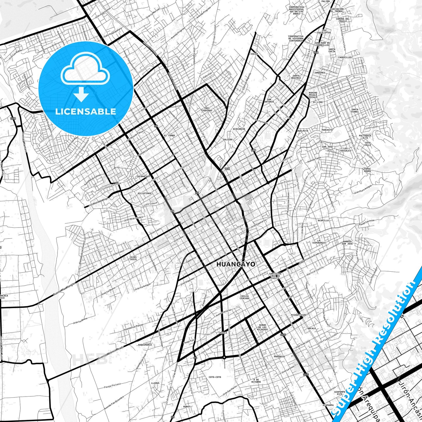 Huancayo, Peru Light Map with Street Names, City Names, and Districts