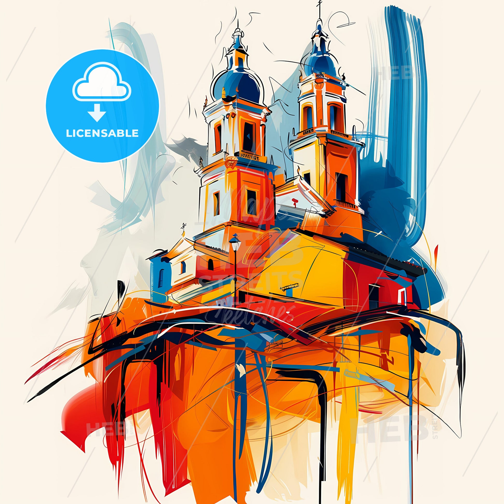 Vibrant Huancayo, Peru - A Painting Of A Building With A Blue And Orange Roof