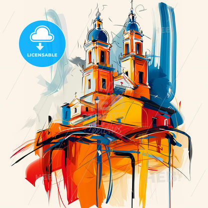 Vibrant Huancayo, Peru - A Painting Of A Building With A Blue And Orange Roof