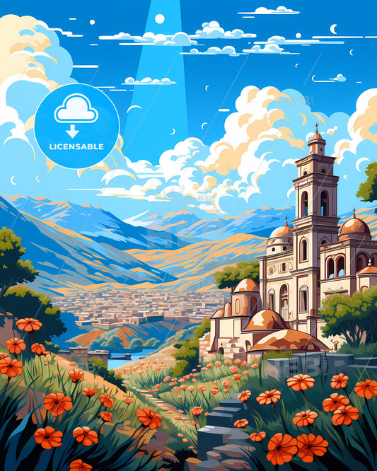 Huancayo, Peru Cityscape, Building with a Tower, Flowers, Art, Painting, Valley, Vibrant