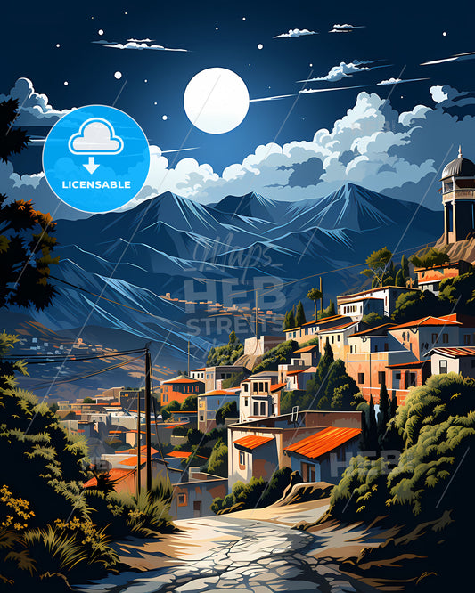 Vibrant Painting: Colorful Huancayo Peru Town Skyline with Tree and Mountain Landscape