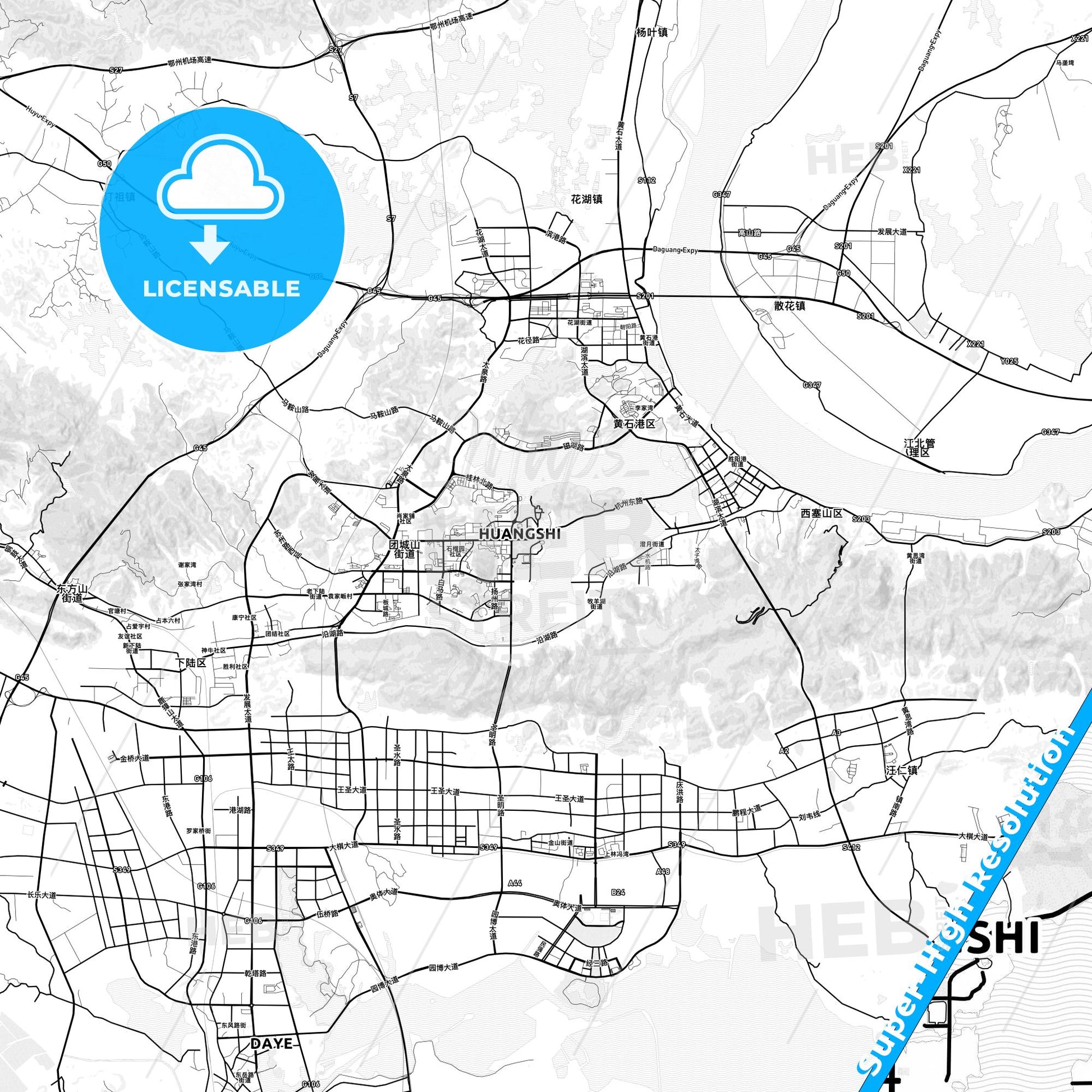 Huangshi, China light map with streetnames, citynames and districts