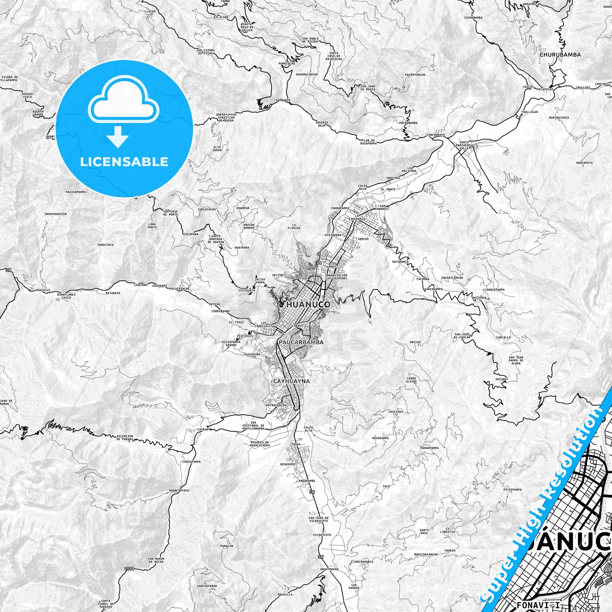 Huanuco, Peru light map with streetnames, citynames and districts