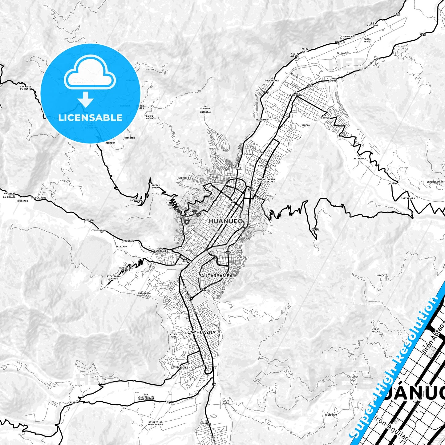 Huanuco, Peru Light Map with Street Names, City Names, and Districts