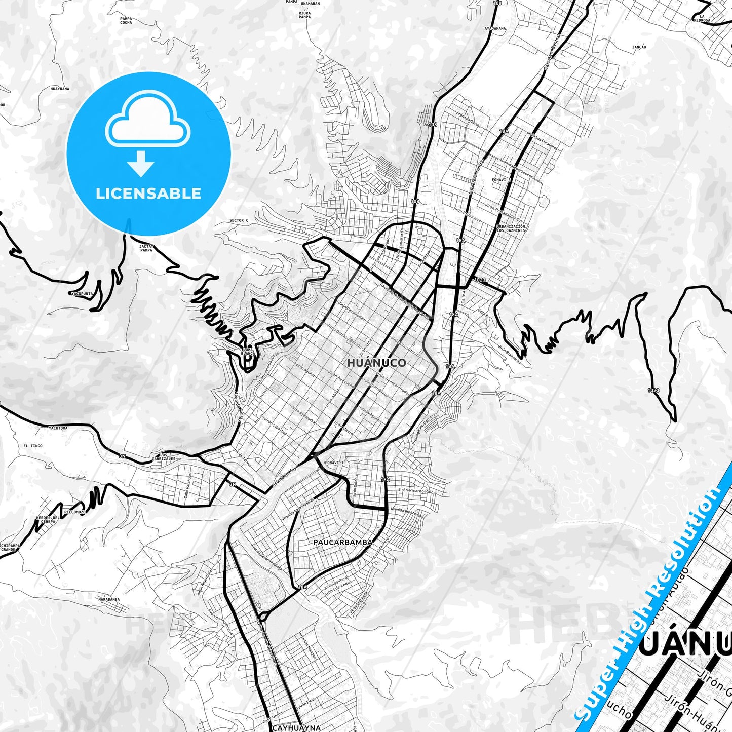 Huanuco, Peru Light Map with Street Names, City Names, and Districts