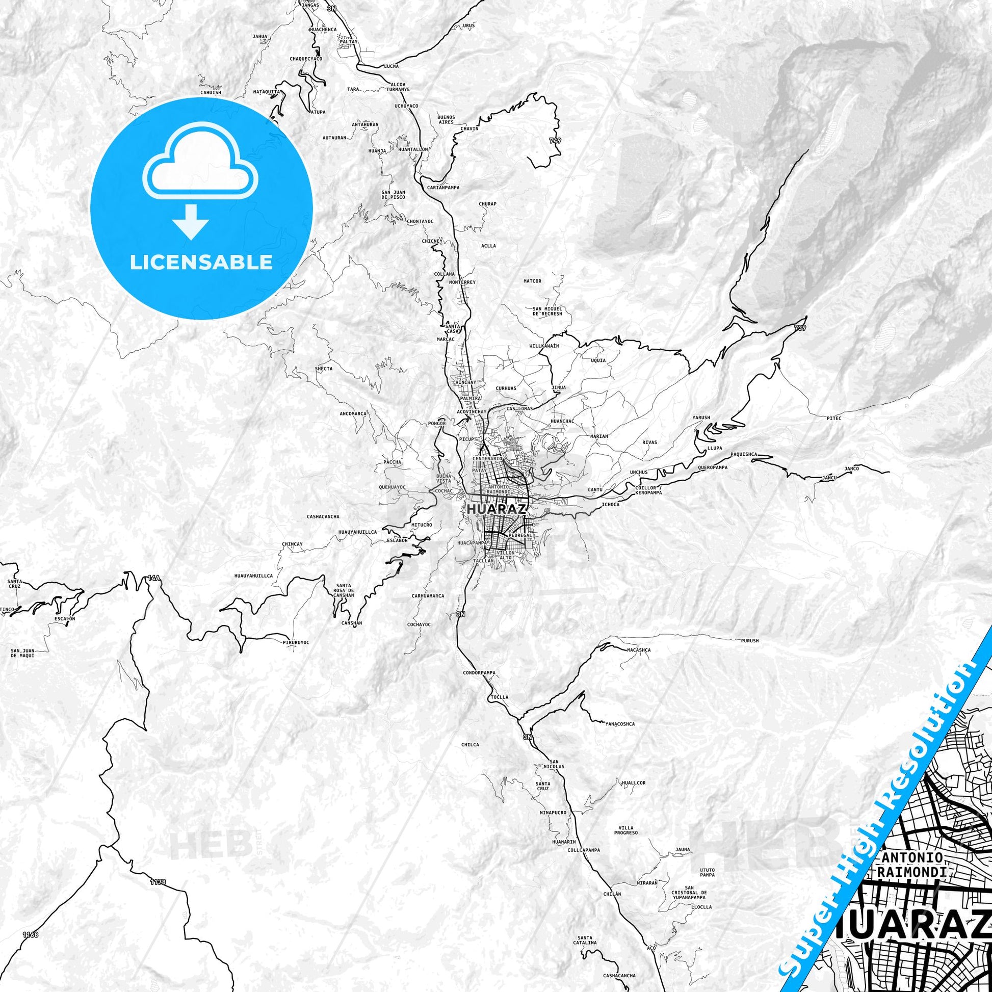 Huaraz, Peru light map with streetnames, citynames and districts