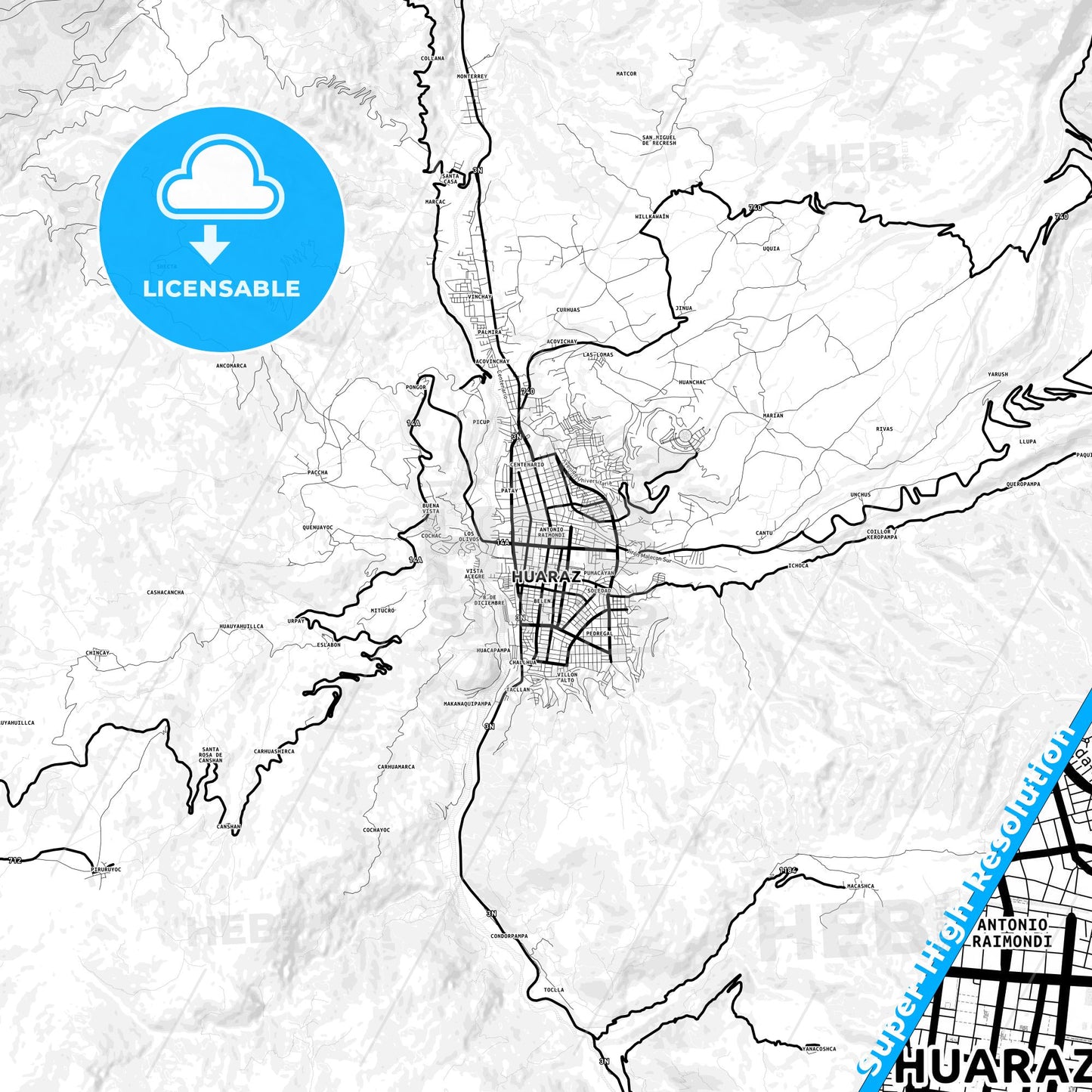 Huaraz, Peru Light Map with Street Names, City Names, and Districts