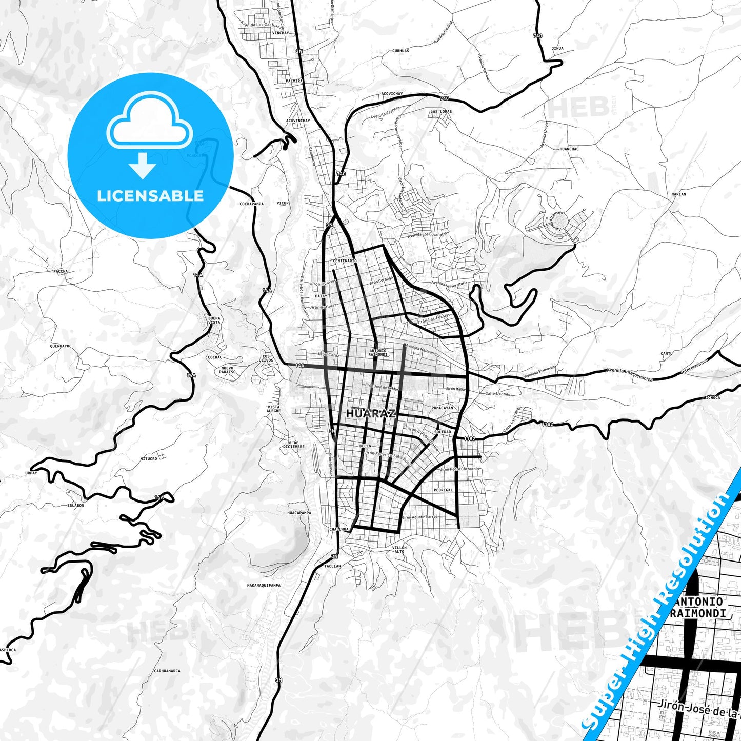 Huaraz, Peru Light Map with Street Names, City Names, and Districts