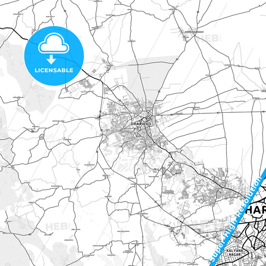 Hubli–Dharwad, India light map with streetnames, citynames and districts