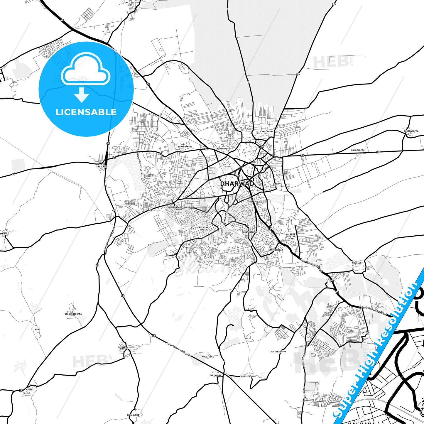 Hubli–Dharwad, India Light Map with Street Names, City Names, and Districts