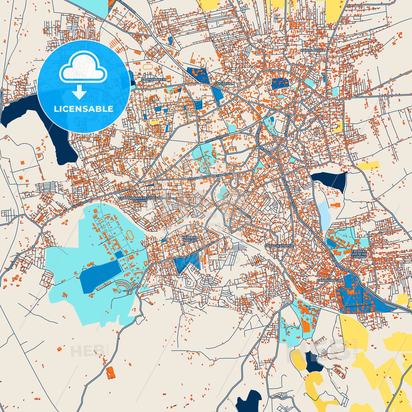 Colorful Hubli–Dharwad Street Map with Labels and Buildings
