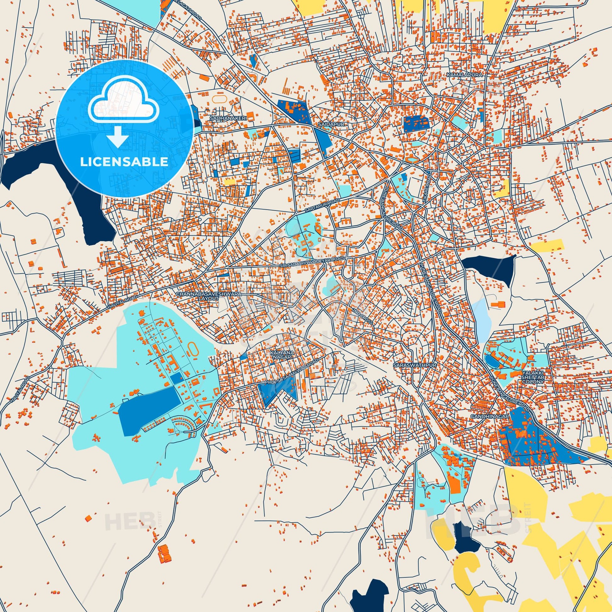 Colorful Hubli–Dharwad Street Map with Labels and Buildings
