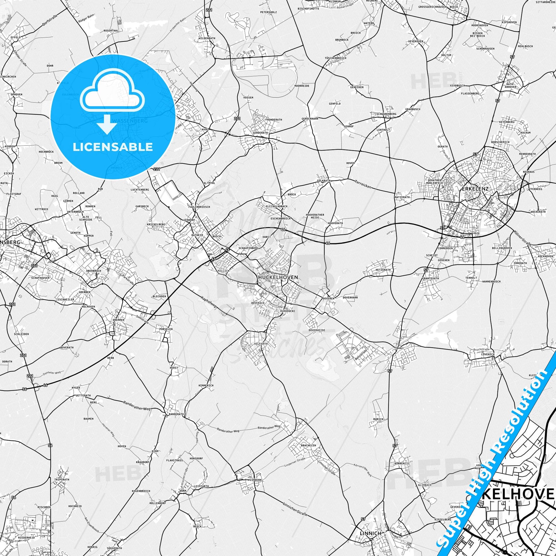 Huckelhoven, Germany light map with streetnames, citynames and districts