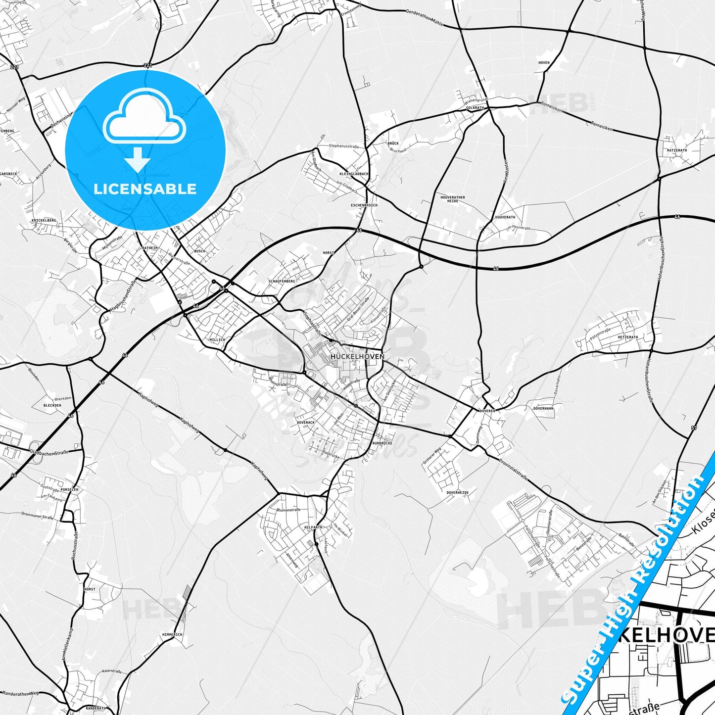 Huckelhoven, Germany Light Map with Street Names, City Names, and Districts