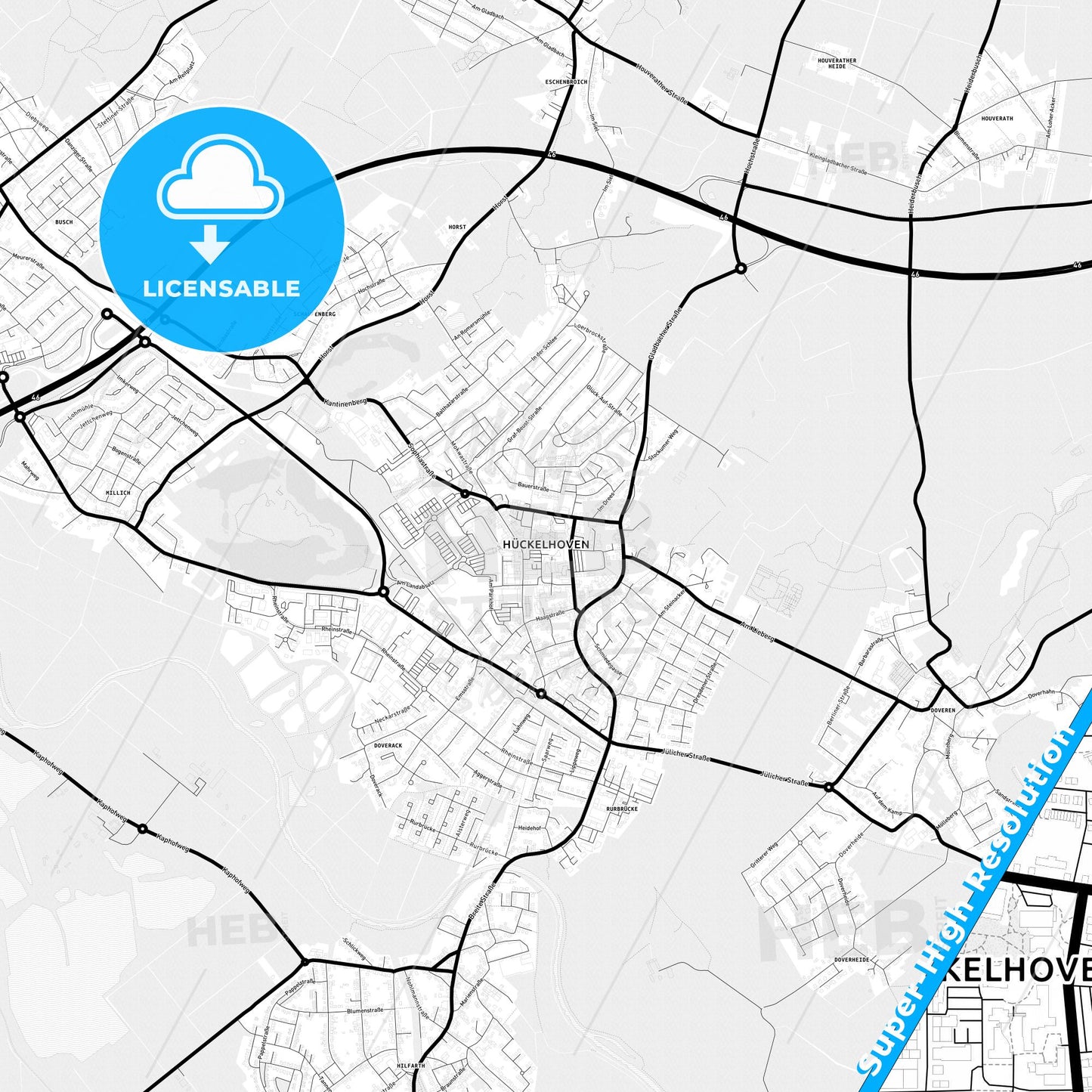 Huckelhoven, Germany Light Map with Street Names, City Names, and Districts