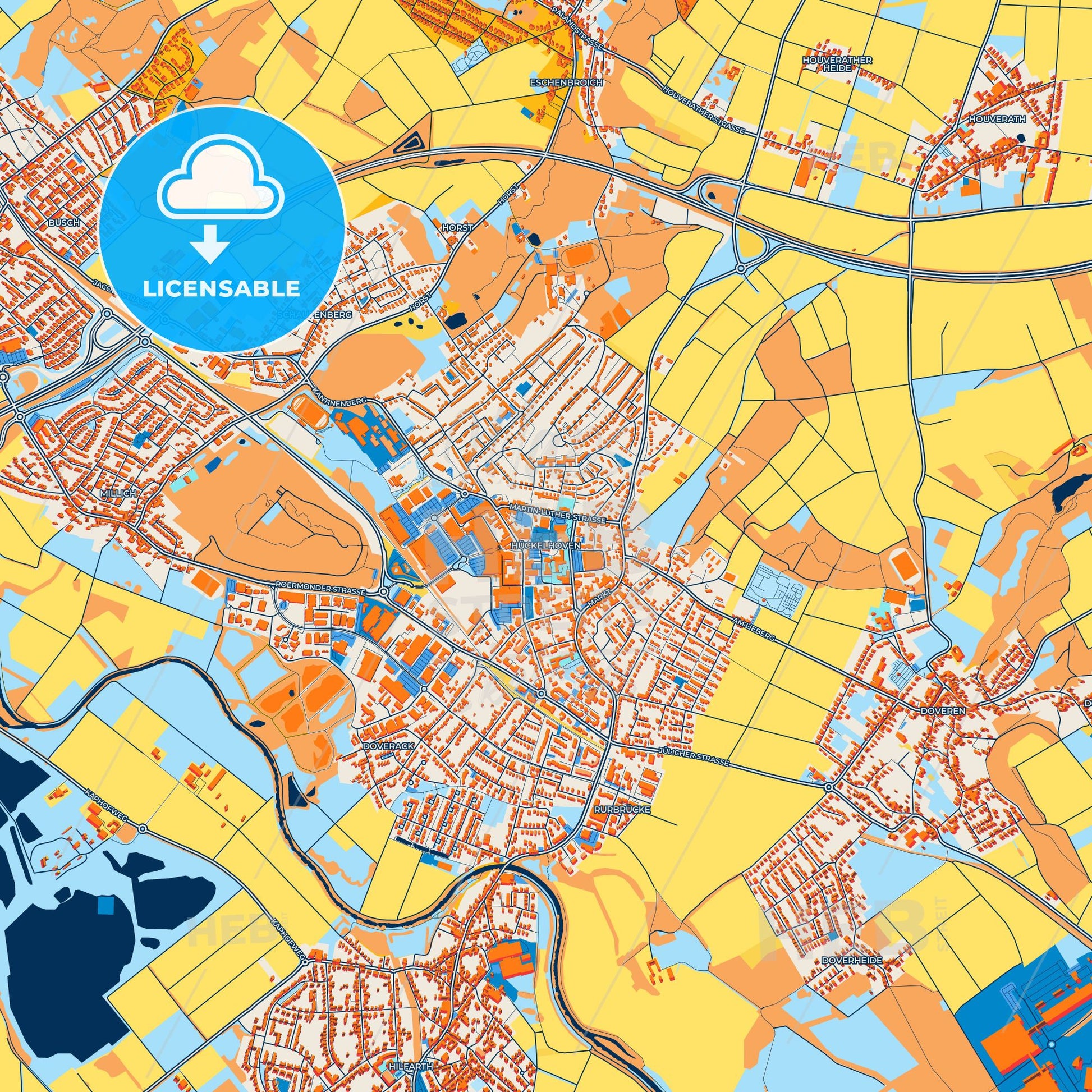 Colorful Huckelhoven Street Map with Labels and Buildings