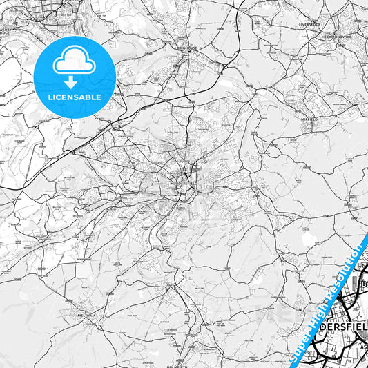 Huddersfield, England light map with streetnames, citynames and districts
