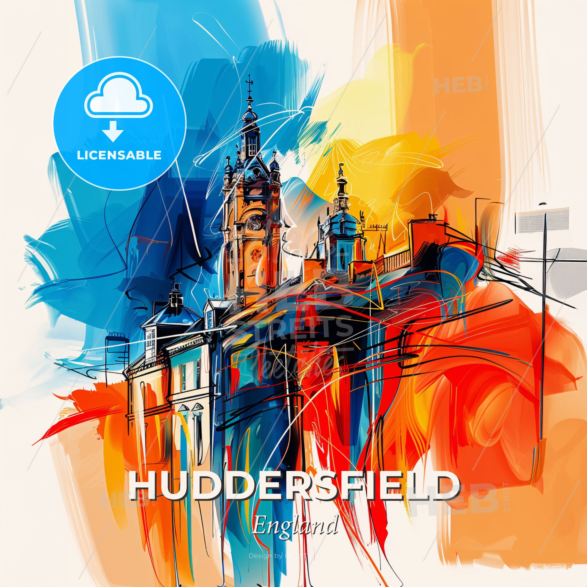 Vibrant Huddersfield, England - A Painting Of A Building With A Clock Tower - Square format print template