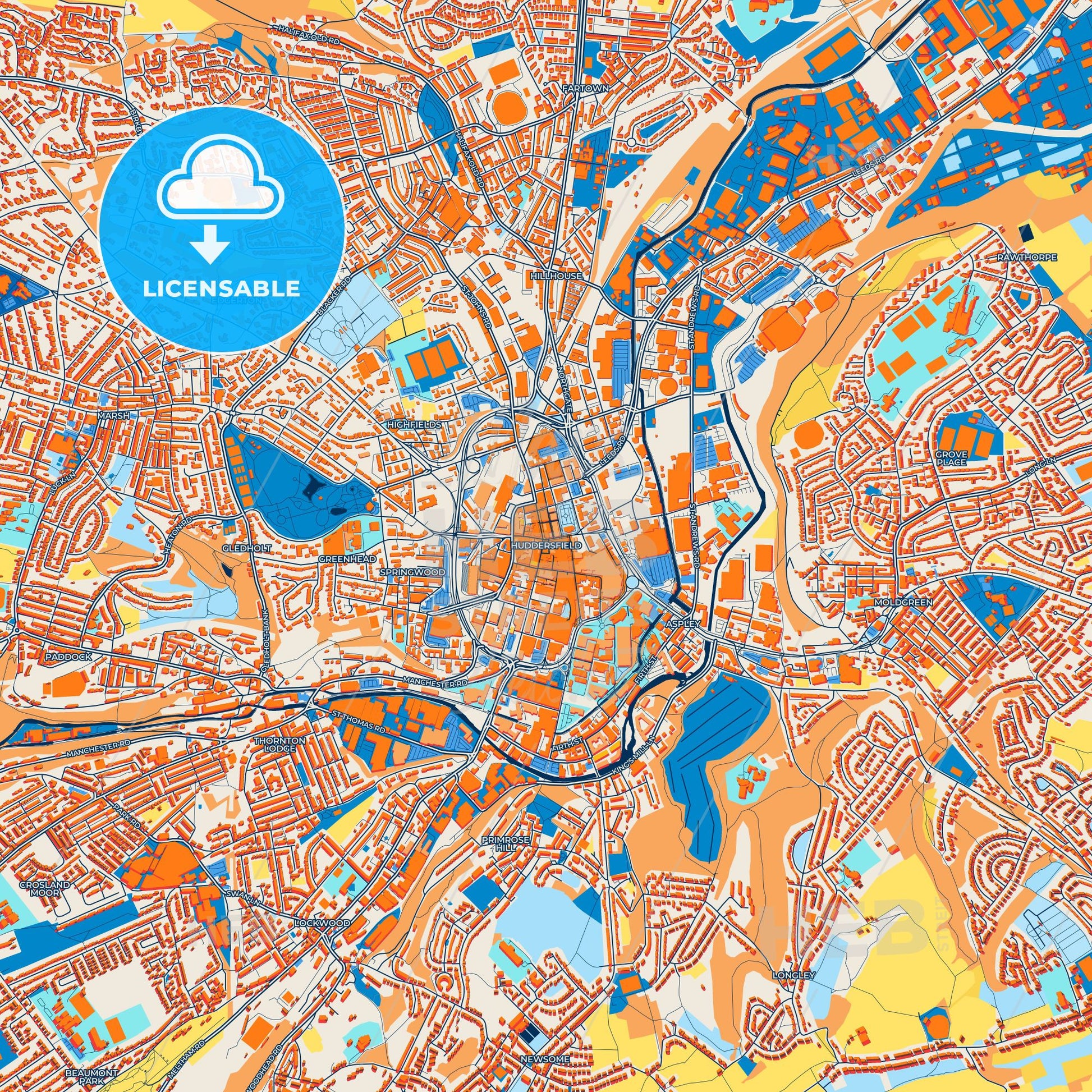 Colorful Huddersfield Street Map with Labels and Buildings