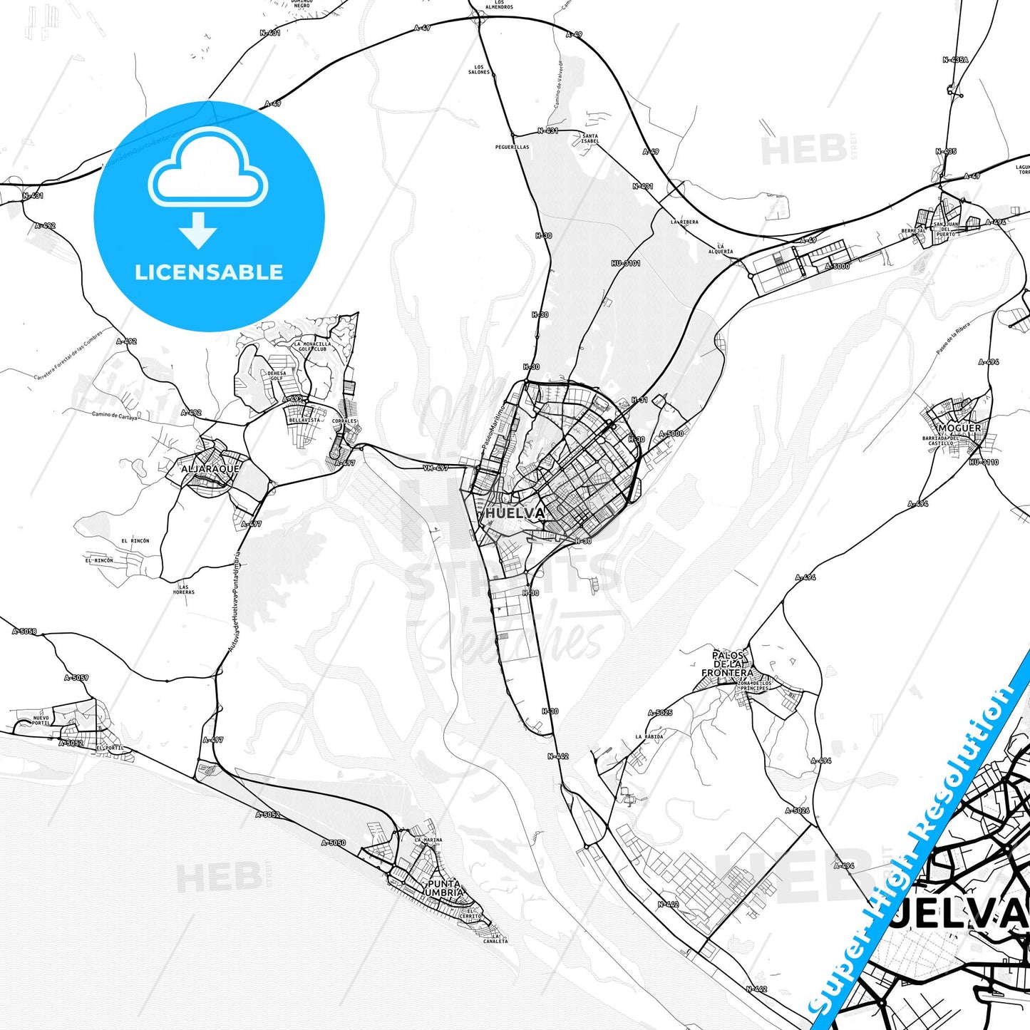 Huelva, Spain light map with streetnames, citynames and districts