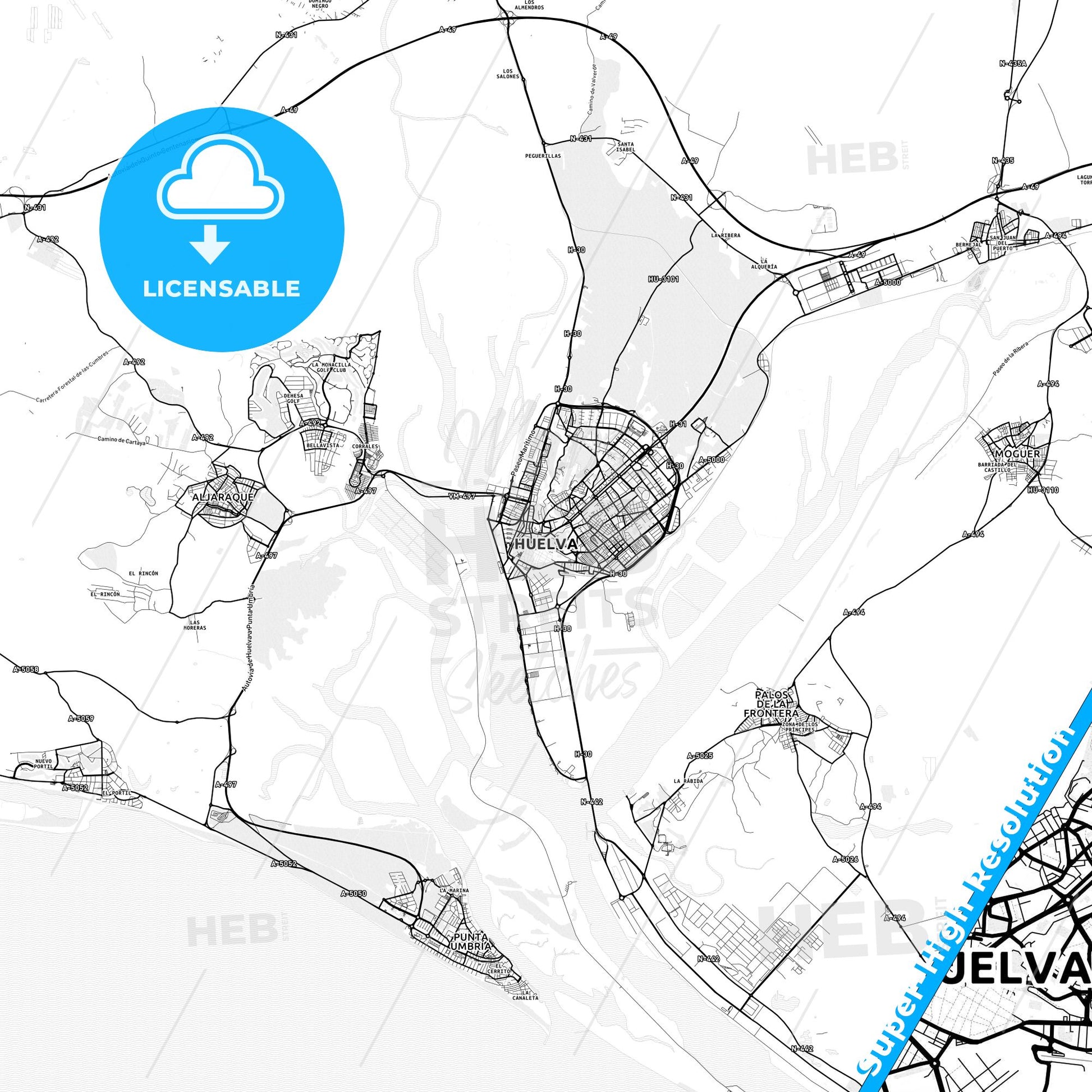 Huelva, Spain light map with streetnames, citynames and districts