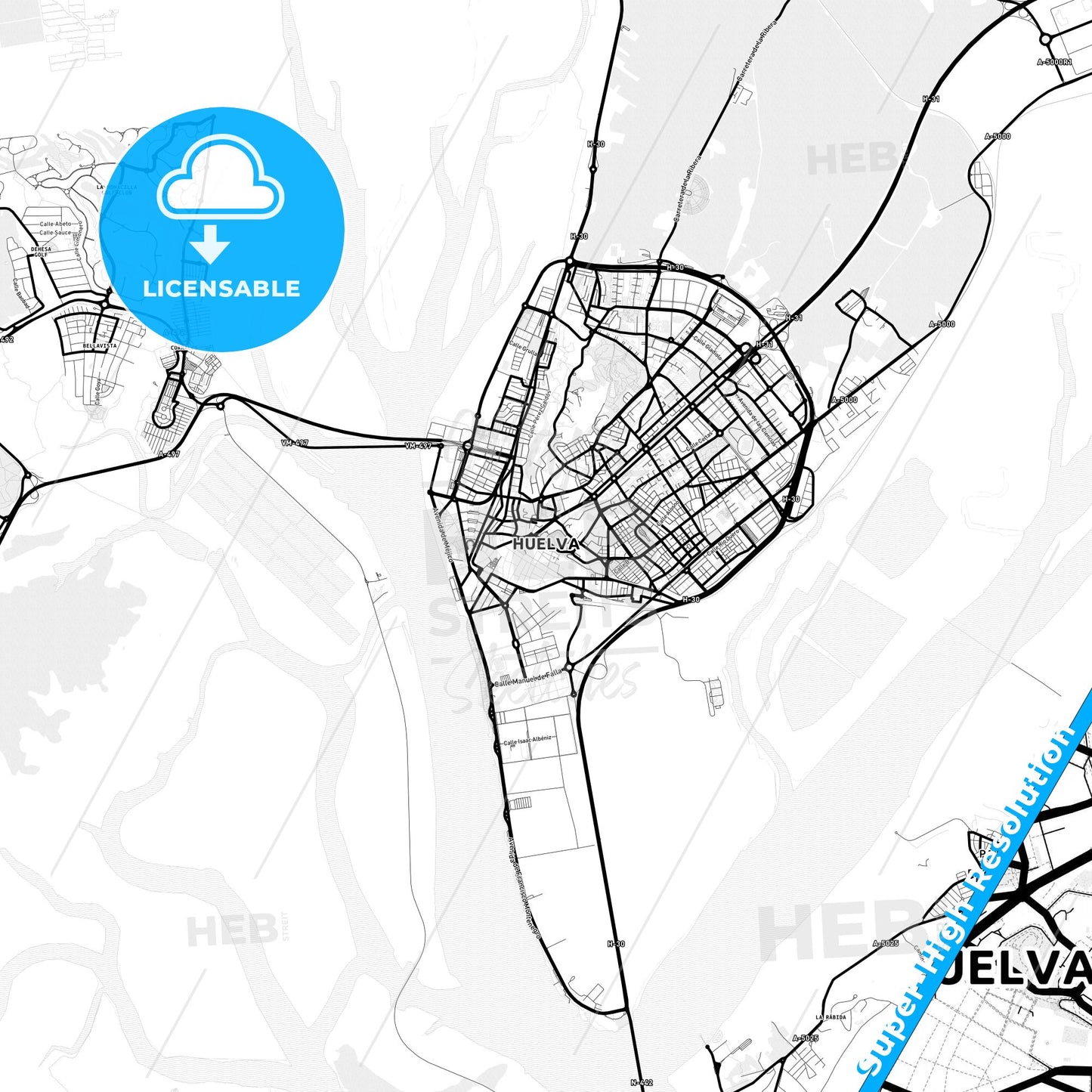 Huelva, Spain Light Map with Street Names, City Names, and Districts