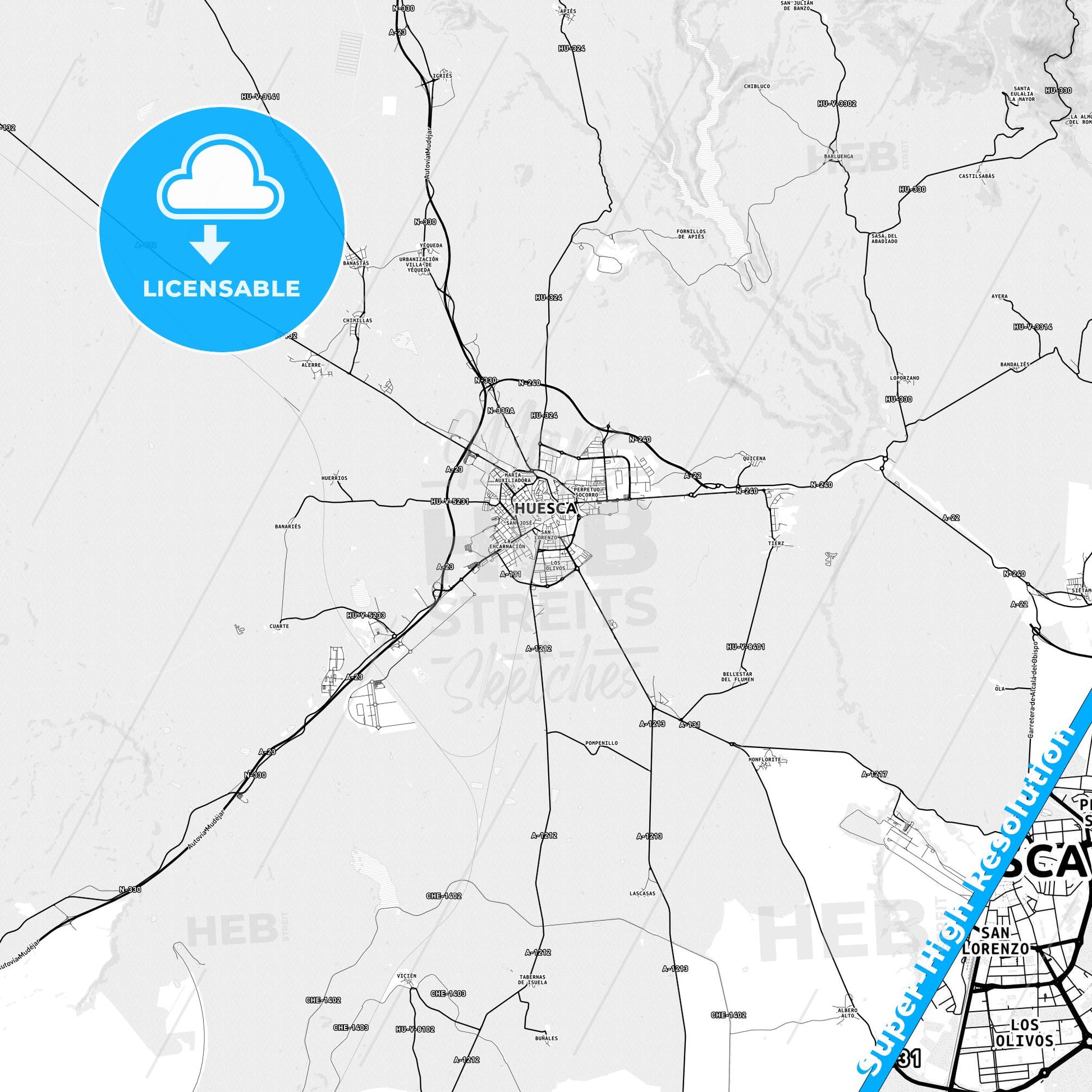 Huesca, Spain light map with streetnames, citynames and districts