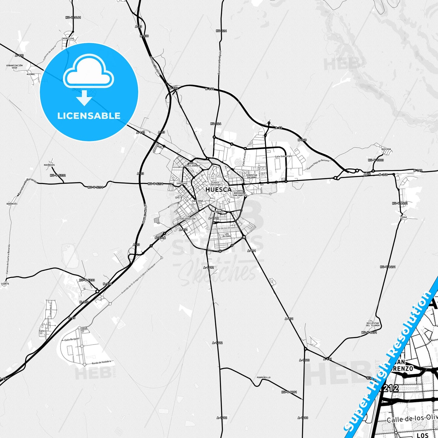 Huesca, Spain Light Map with Street Names, City Names, and Districts