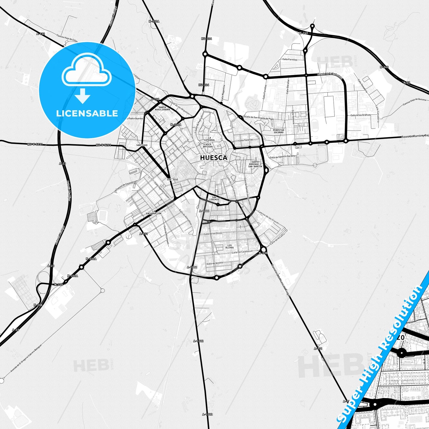 Huesca, Spain Light Map with Street Names, City Names, and Districts
