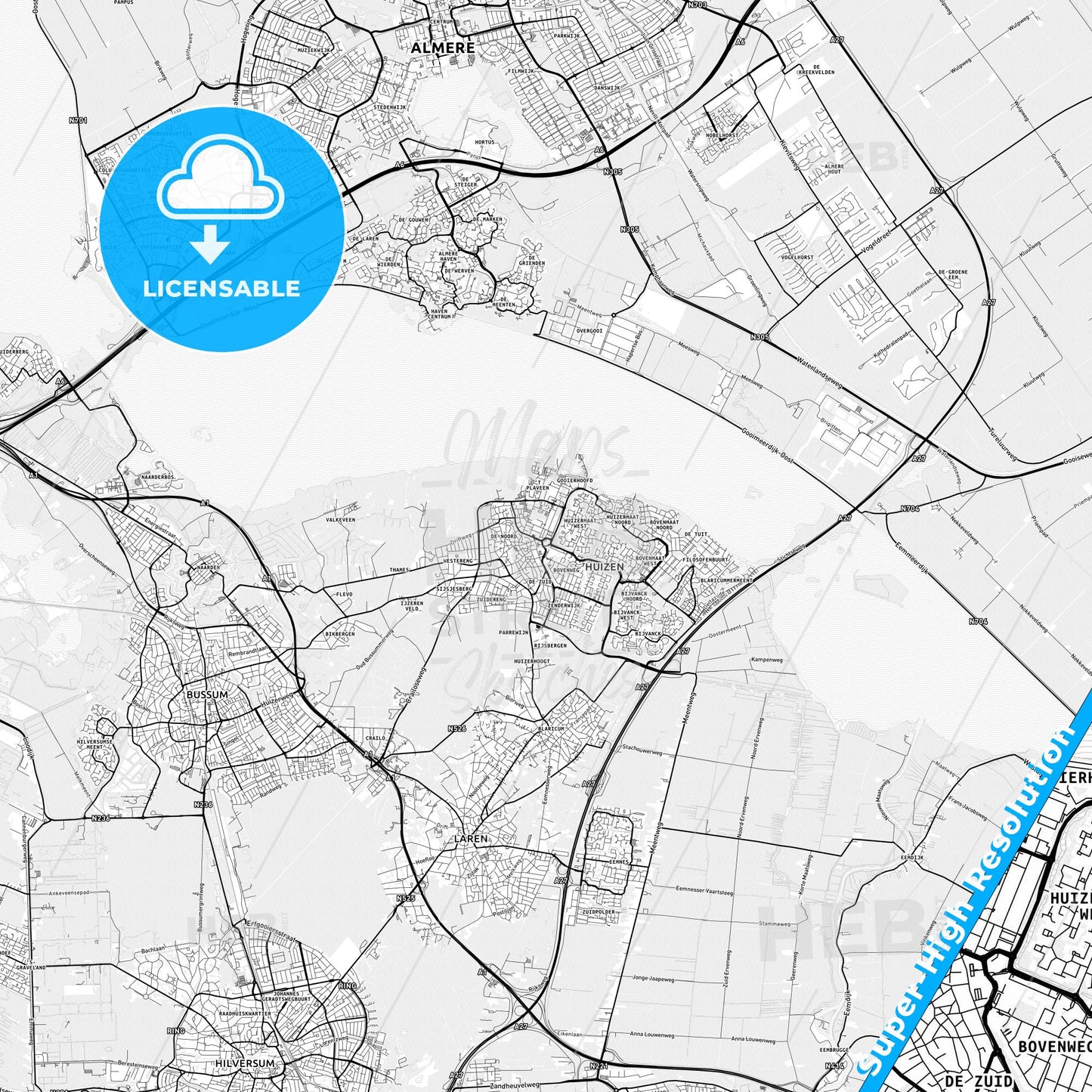 Huizen, Netherlands light map with streetnames, citynames and districts