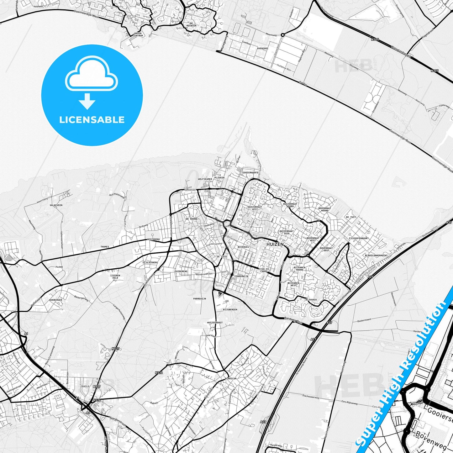 Huizen, Netherlands Light Map with Street Names, City Names, and Districts
