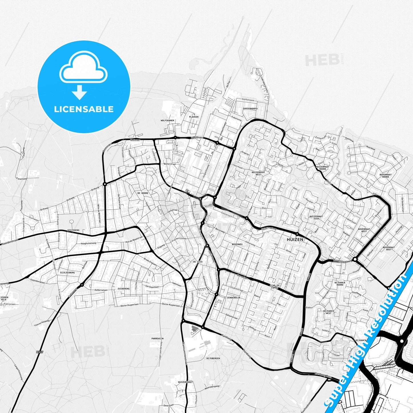 Huizen, Netherlands Light Map with Street Names, City Names, and Districts