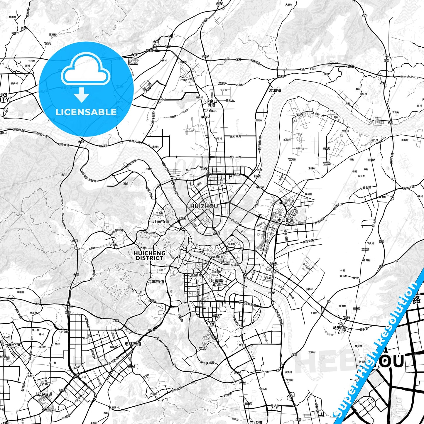 Huizhou, China light map with streetnames, citynames and districts