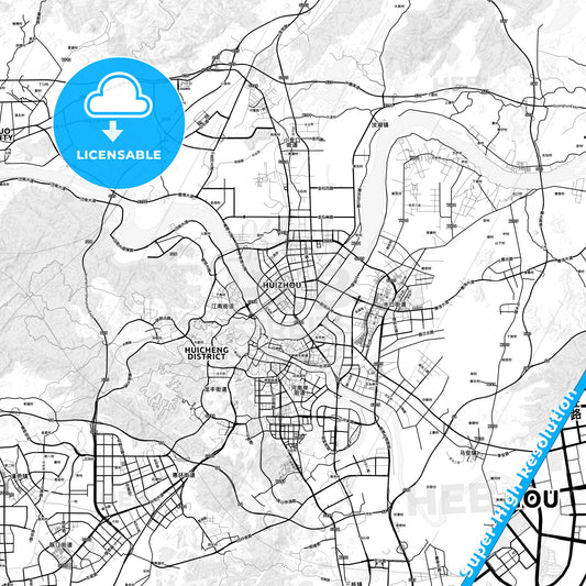 Huizhou, China light map with streetnames, citynames and districts