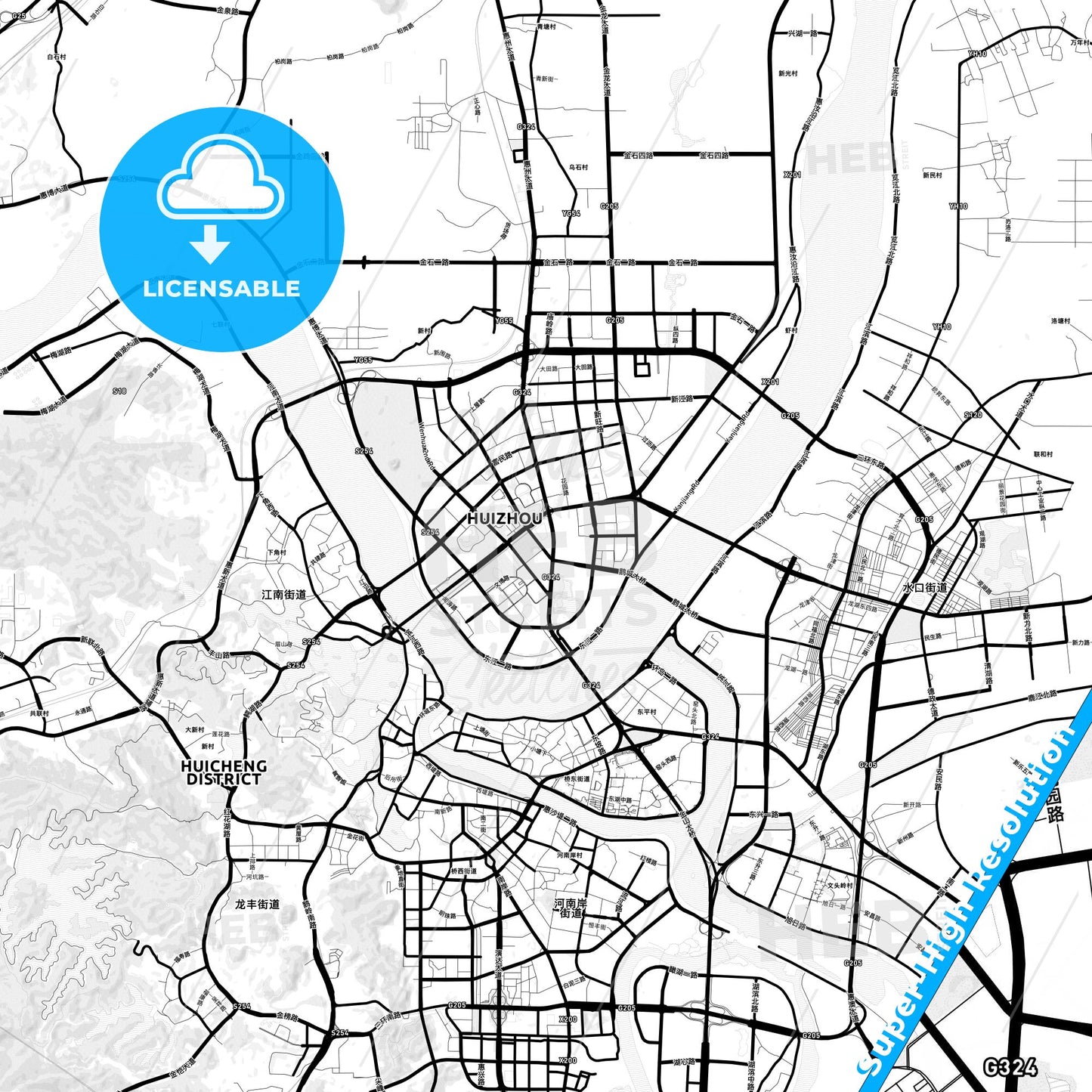 Huizhou, China Light Map with Street Names, City Names, and Districts