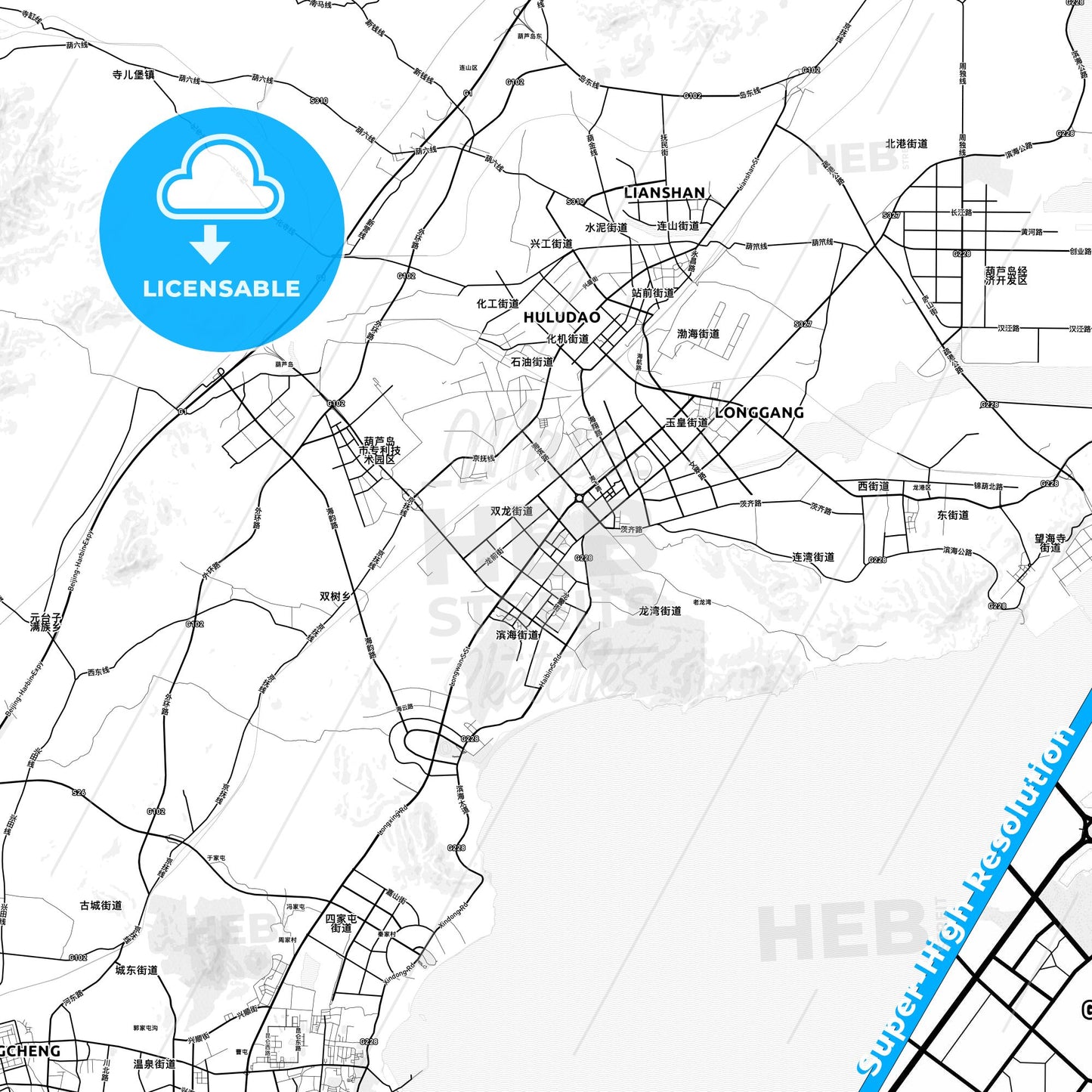 Huludao, China light map with streetnames, citynames and districts