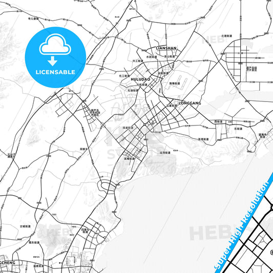Huludao, China light map with streetnames, citynames and districts