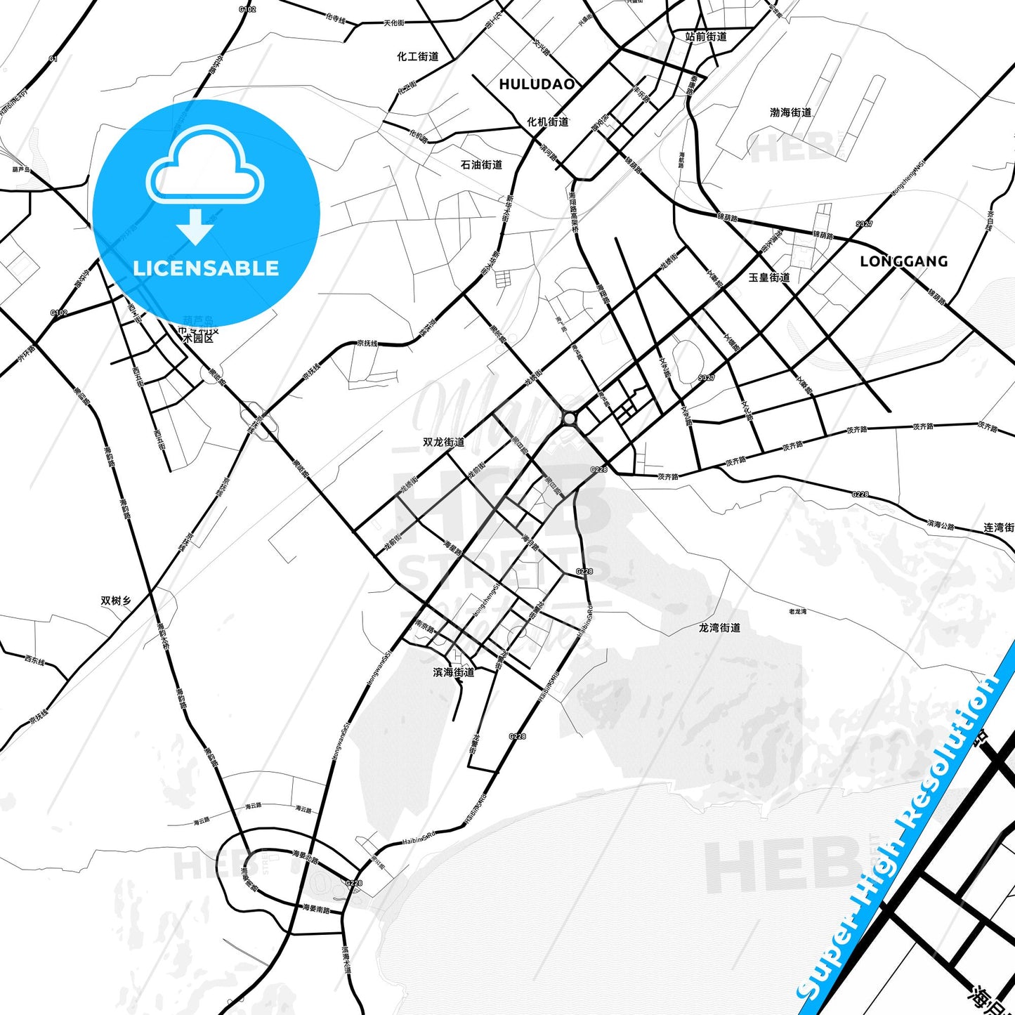 Huludao, China Light Map with Street Names, City Names, and Districts