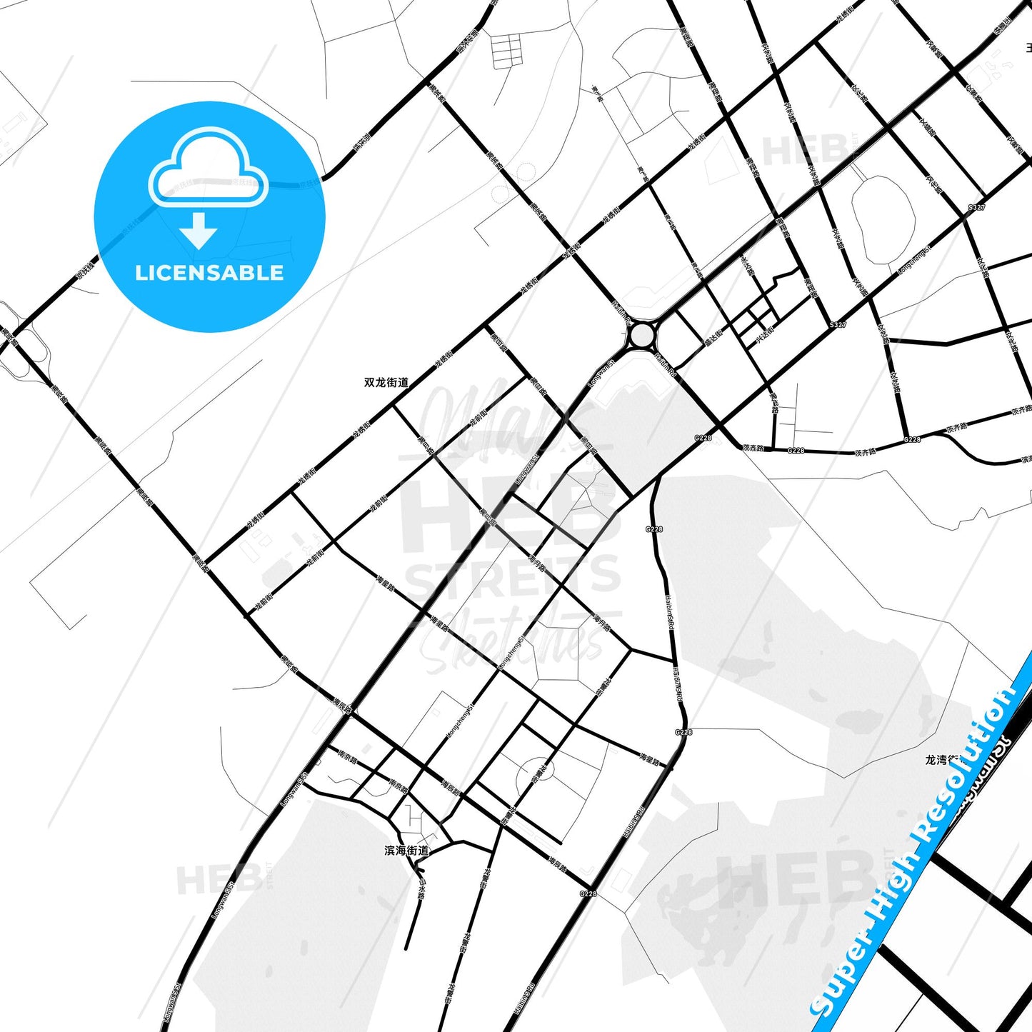 Huludao, China Light Map with Street Names, City Names, and Districts