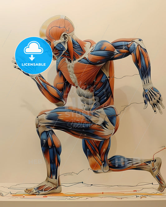 Human Full Body Running Musculature Anatomy Art: Hand-Drawn Painting Focusing on Artistic Depiction