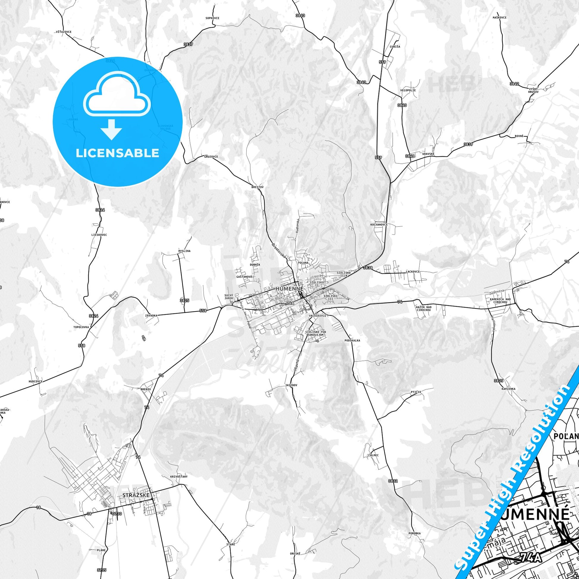 Humenné, Slovakia light map with streetnames, citynames and districts