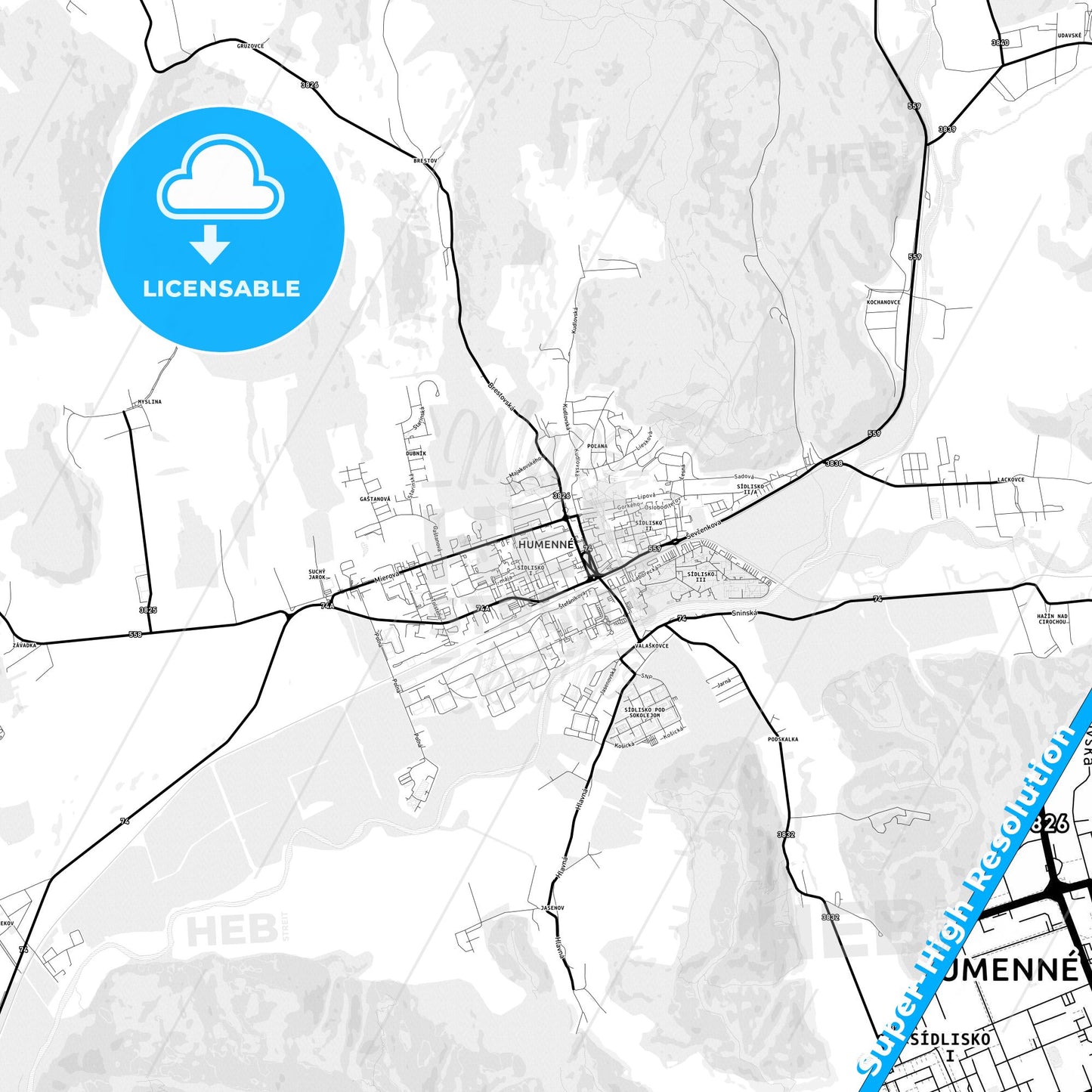 Humenné, Slovakia Light Map with Street Names, City Names, and Districts