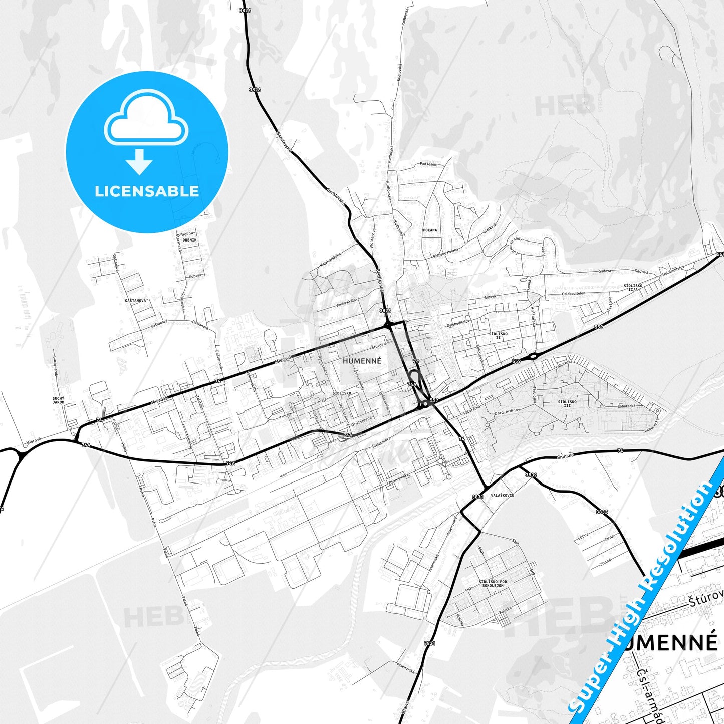 Humenné, Slovakia Light Map with Street Names, City Names, and Districts