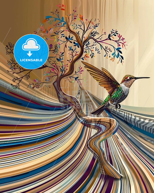 Hummingbird Blossom - Bold Beige Poster - A bird sitting on a tree