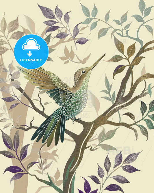 Bold Line Art: Hummingbird in Bloom - A bird on a tree branch
