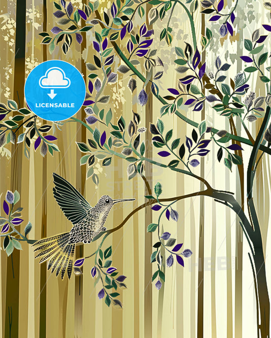 Hummingbird's Treetop Haven: Modern Lines, Serene Hues - A bird on a tree branch