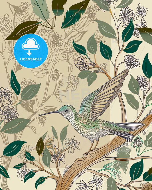 Hummingbird Serenade: Line Art on Beige - A bird on a tree branch