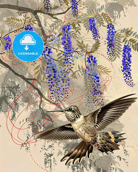 Serene Hummingbird Silhouette on Beige - A bird flying next to a tree