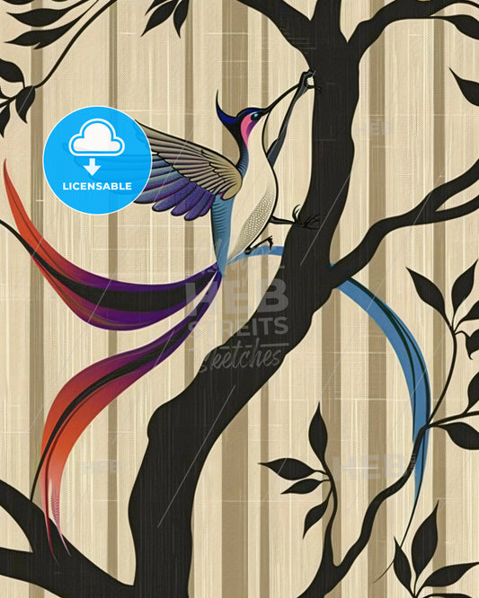 Bold Hummingbird Tree Silhouette Art - A bird on a tree branch